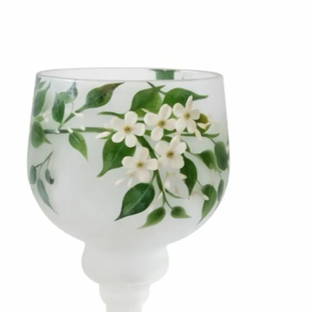 Two Frosted Hand Painted Floral Hummingbird Wine Glasses/Candle Holder 12oz 8